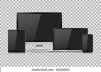 Conjunto de monitores de ordenador, portátiles, tableta y teléfono móvil realistas con pantalla blanca vacía. Varios aparatos electrónicos modernos en un fondo aislado. Ilustración del vector EPS10