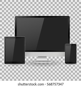 Set of realistic computer monitor, laptop, tablet and mobile phone with empty white screen. Various modern electronic gadget on isolate background. Vector illustration EPS10