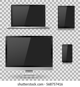 Set of realistic computer monitor, laptop, tablet and mobile phone with empty white screen. Various modern electronic gadget on isolate background. Vector illustration EPS10