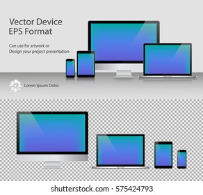 Set of Realistic Computer Monitor, Laptop, Tablets and Smartphone with Blue Screen Isolated. Can Use for Template Presentation or Banner. Electronic Gadgets, Device MockUp. Vector Illustration.