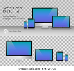 Set of Realistic Computer Monitor, Laptop, Tablets and Smartphone with Blue Screen Isolated. Can Use for Template Presentation or Banner. Electronic Gadgets, Device MockUp. Vector Illustration.
