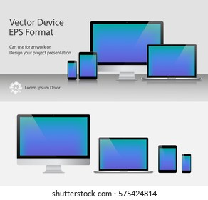 Set of Realistic Computer Monitor, Laptop, Tablets and Smartphone with Blue Screen Isolated. Can Use for Template Presentation or Banner. Electronic Gadgets, Device MockUp. Vector Illustration.