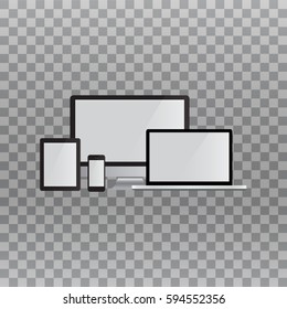 Set of realistic computer monitor, laptop, tablet and mobile phone with empty screen.