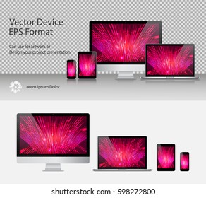 Set of Realistic Computer Monitor, Laptop, Tablets and Smartphone with Technology Screen Isolated. Can Use for Template Presentation or Banner. Electronic Gadgets, Device MockUp. Vector Illustration.