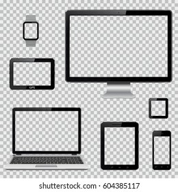 Set of realistic computer monitor, laptop, tablet, mobile phone, smart watch and GPS navigation system device with transparent screen. Modern electronic gadgets isolated on transparent background.