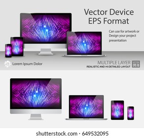 Set of Realistic Computer Monitor, Laptop, Tablets and Smartphone with Power On Screen Isolated. For Template Presentation or Banner. Device MockUp. Separate Groups and Layers. Easily Editable Vector
