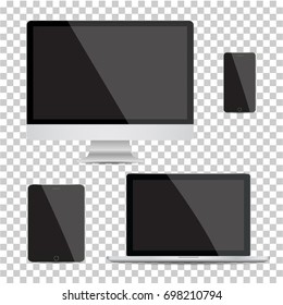 Set of realistic computer monitor, laptop, tablet and mobile phone with empty white screen. Various modern electronic gadget on isolate background. Vector illustration EPS10