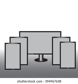 Set of realistic computer monitor, tablet and mobile phone with a blank gray screen. Various modern electronic gadget, isolated on background. Vector EPS10 illustration