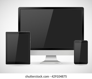 Set of realistic computer monitor, tablet and mobile phone. Various modern electronic gadget isolated on white background. Vector illustration EPS10 for web design