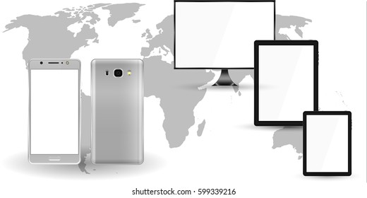 Set of realistic computer monitor, tablet and mobile phone with blank white screen on world map background. Various modern gadgets on an isolated background. Vector illustration of EPS10