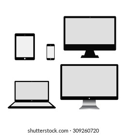 Set of realistic computer monitors, laptop, tablet and mobile phone.  Electronic gadgets isolated on white background.