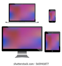 Set of realistic computer monitors, laptop, tablet and mobile phone.  Electronic gadgets isolated on white background.