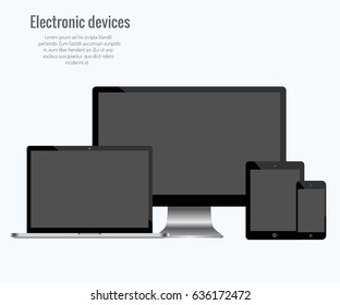 Set of realistic computer monitors, laptop, tablet and mobile phone.  Electronic gadgets isolated on white background.