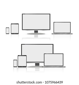 Set of realistic computer monitors, laptops, tablets and mobile phones. Electronic gadgets isolated on white background