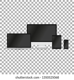 Set of realistic computer monitors, laptops, tablets and mobile phones. Electronic gadgets isolated on white background