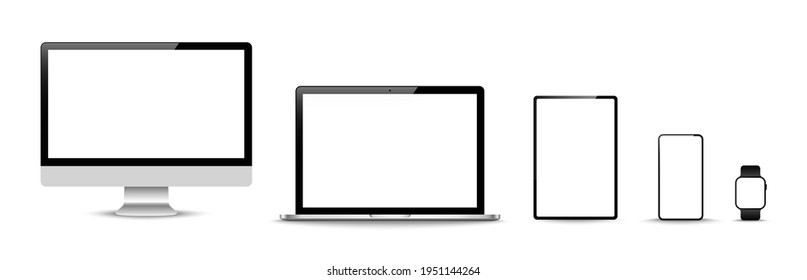 Set of realistic computer monitors, laptops, tablets and mobile phones. Vector illustration