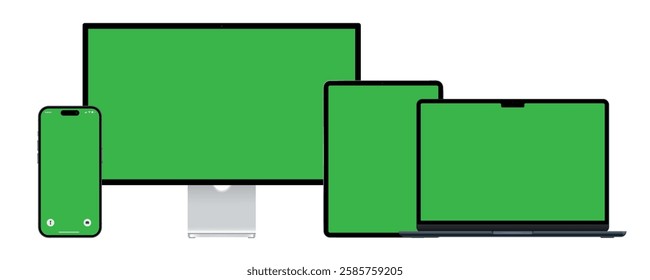 Set of realistic computer monitors, laptops, tablets and mobile phones. Electronic gadgets on white background. Green screen copy space. Modern gadgets with chromakey space on screen