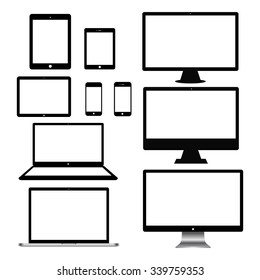 Conjunto de monitores informáticos, portátiles, tabletas y teléfonos móviles realistas. Aparatos electrónicos aislados en fondo blanco.