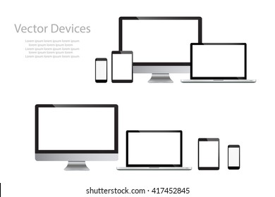 Set of realistic computer monitors, laptops, tablets and mobile phones. Electronic gadgets isolated  on white background - Shutterstock ID 417452845