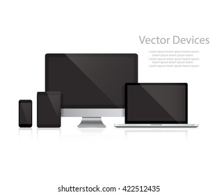 Set Of Realistic Computer Monitors, Laptops, Tablets And Mobile Phones. Electronic Gadgets, Isolated, On White Background