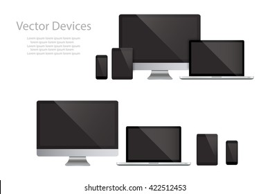 Set of realistic computer monitors, laptops, tablets and mobile phones. Electronic gadgets, isolated, on white background