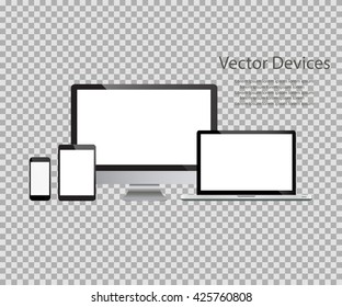 Set of realistic computer monitors, laptops, tablets and mobile phones. Electronic gadgets, isolated, on isolated background