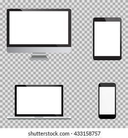 Set of realistic computer monitors, laptops, tablets and mobile phones. Electronic gadgets, isolated, on white background