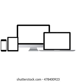 Set of realistic computer monitors, laptops, tablets and mobile phones.