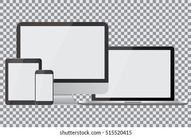 Set of realistic computer monitors, laptops, tablets and mobile phones. Electronic gadgets, isolated, on isolated background