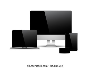 Set of realistic computer monitors, laptops, tablets and mobile phones. Electronic gadgets isolated on white background.