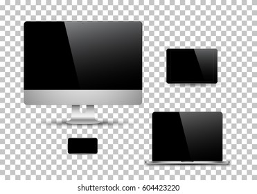 Set of realistic computer monitors, laptops, tablets and mobile phones. Electronic gadgets isolated on white background.