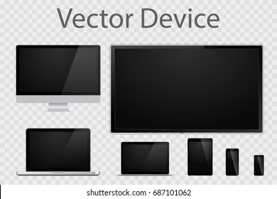 Conjunto de monitores de ordenador realistas, portátiles, tabletas, TV, teléfonos móviles. Aparatos electrónicos aislados en un fondo transparente. Plantilla de simulación de dispositivo. 