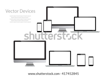 Set of realistic computer monitors, laptops, tablets and mobile phones. Electronic gadgets isolated  on white background