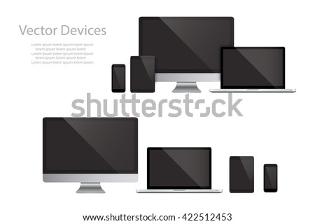 Set of realistic computer monitors, laptops, tablets and mobile phones. Electronic gadgets, isolated, on white background