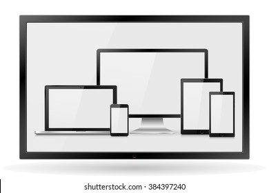 Set Of Realistic Computer Monitor,TV, Lcd, Led, Laptop, Tablet And Mobile Phone With Empty White Screen. Various Modern Electronic Gadget Isolated On White Background. Vector Illustration  EPS10