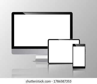 Set of realistic computer screens for templates. Mockup of Monitor,  laptop, tablet and smartphone with reflection. Electronic gadgets. EPS 10