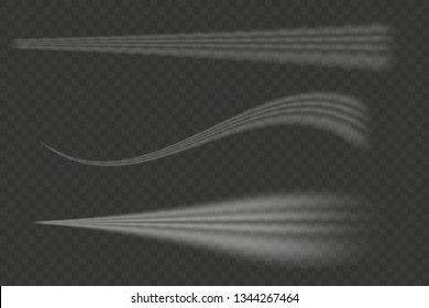 Set of realistic condensation trails isolated on transparent background 