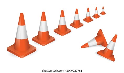 set of realistic cone traffic isolated or road work safety sign to indicate accident or red striped white road mark. eps vector