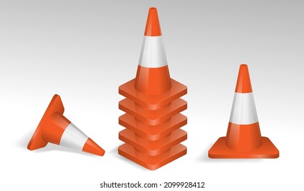 set of realistic cone traffic isolated or road work safety sign to indicate accident or red striped white road mark. eps vector