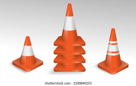 set of realistic cone traffic isolated or road work safety sign to indicate accident or red striped white road mark. eps vector