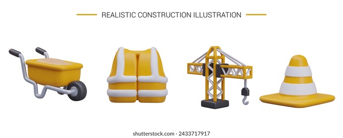 Conjunto de iconos de construcción realista. Carretilla llena, chaleco de la señal, grúa de elevación, cono de tráfico