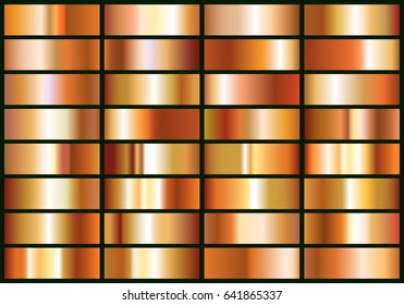 Set Of Realistic Copper Foil. Beautiful Colorful Background Textures. Shiny Copper Metal Gradient Template. Vector Design.