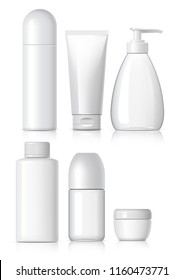 Set of Realistic cosmetic bottle with black lid on a white background. Package collection for cream, shampoo, glue. Mock up set for brand template. vector illustration.