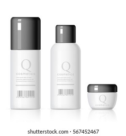 Set of Realistic cosmetic bottle with black lids on a white background. Package collection for cream, shampoo, glue. Mock up set for brand template. vector illustration.
