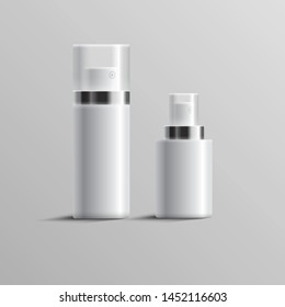 Set of realistic cosmetic bottle can sprayer container. Dispenser for foaming, cream and other cosmetics, isolated on white background. Vector illustration. EPS 10