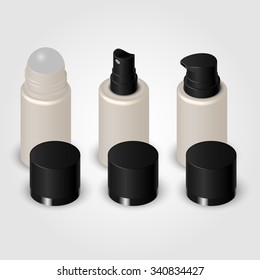 Set of realistic cosmetic bottle with covers. Roll on antiperspirant deodorant. Bottle with dispenser. Spray bottle. Vector illustration