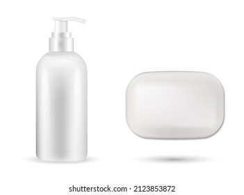 Conjunto de botellas cosméticas realistas de forma plana sobre un fondo blanco. Colección de paquetes para crema, champú, pegamento. Maqueta configurada para la plantilla de marca. ilustración vectorial.