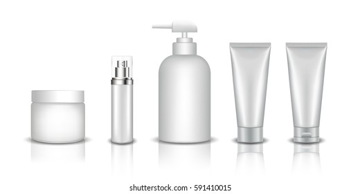 Set of Realistic cosmetic bottle isolated on a white background. Cosmetic package collection for cream, soups, foams, shampoo, glue. Mock up set for brand template. vector illustration.