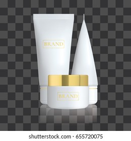 Set of Realistic cosmetic bottle with reflection. Cosmetic package collection for promotion cream, soups, foams, shampoo, glue. Mock up set for brand template. Vector illustration.