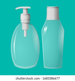 Set of realistic cosmetic bottles. Dispensers with cover and sprayer container. EPS10